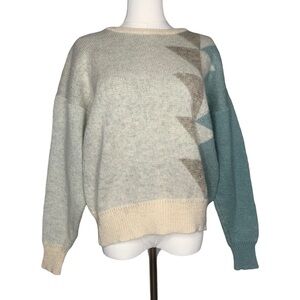 Vintage 70s Blue Cream Geometric Wool Sweater Crewneck Grannycore Boho Geek Mod